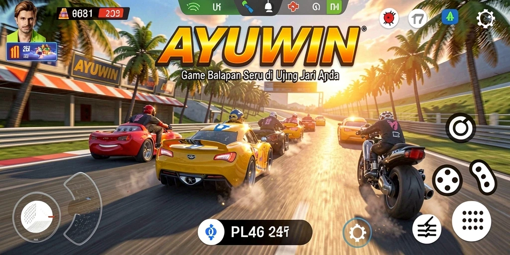 Screenshot gameplay AYUWIN yang menunjukkan balapan intens dan kendaraan keren.