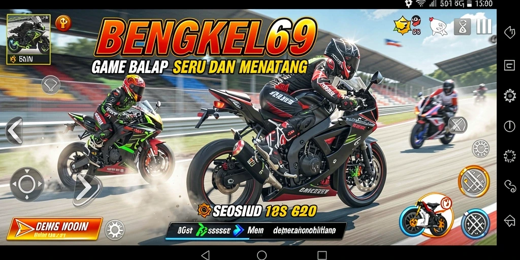 Tangkapan layar gameplay BENGKEL69 yang menampilkan balapan motor yang mendebarkan.