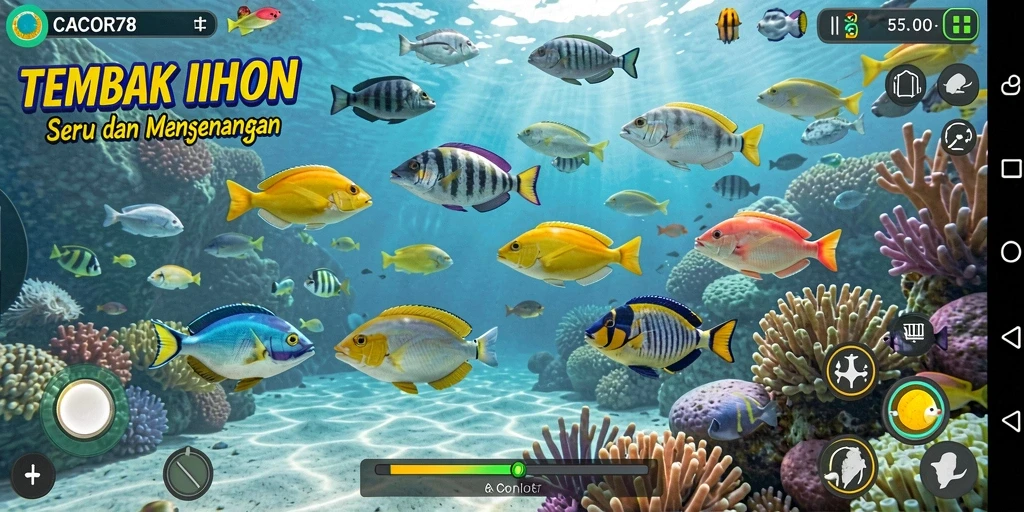 Tampilan gameplay seru dalam CACOR78 saat menembak ikan.