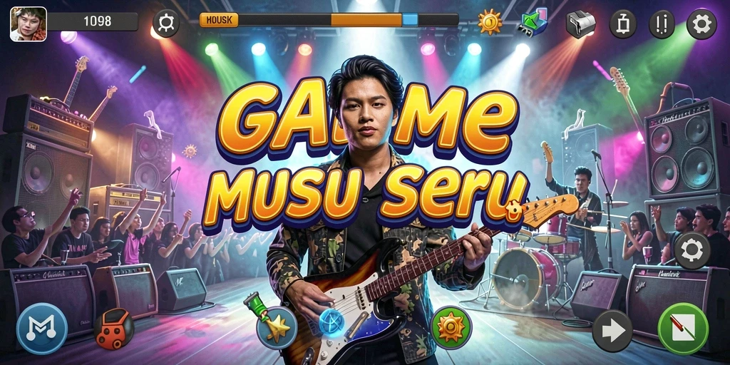 Screenshot ID098 menampilkan karakter bermain musik dengan penuh semangat.