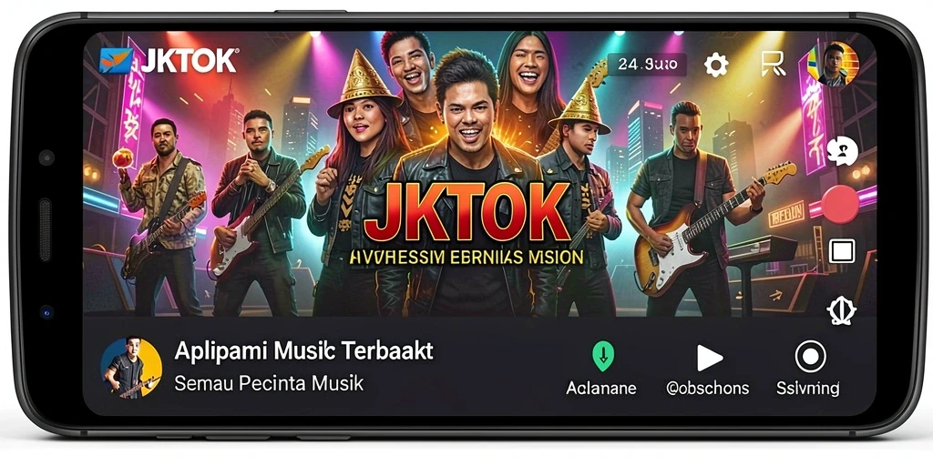 Tangkapan layar utama JKTOK menampilkan pengguna yang menikmati musik dengan antarmuka yang menarik.