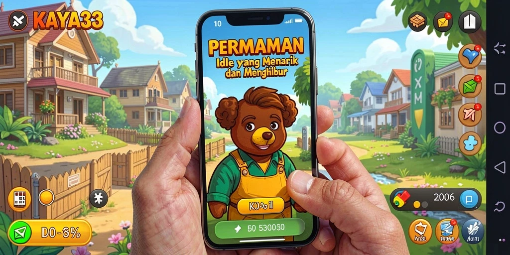 Gameplay <strong>KAYA33</strong> yang menampilkan aktivitas membangun kerajaan secara Idle.