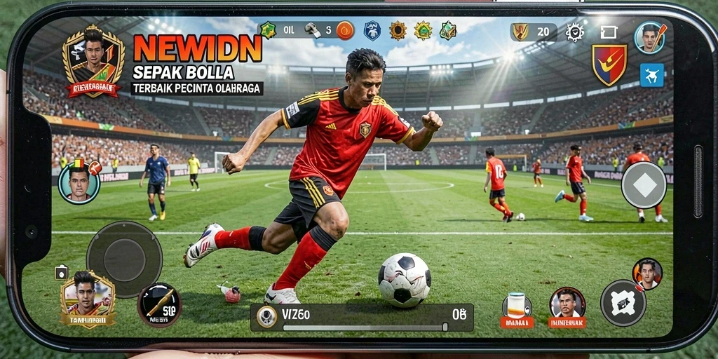 Screenshot gameplay NEWIDN menunjukkan aksi sepak bola yang penuh semangat.