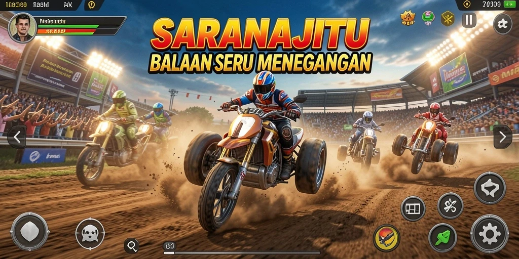 Gameplay balapan seru di SARANAJITU dengan berbagai kendaraan.