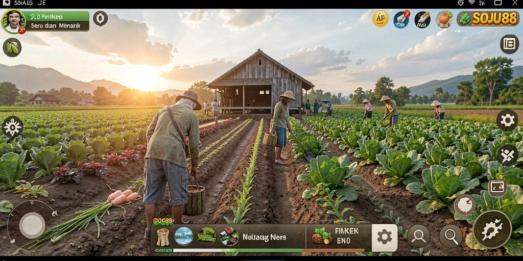 Gameplay seru dalam SOJU88 dengan kebun yang indah dan hewan ternak.