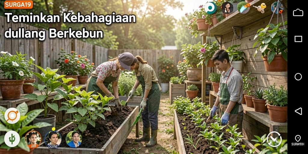 Tangkapan layar utama SURGA19 menunjukkan pemain sedang berkebun di lahan yang luas.